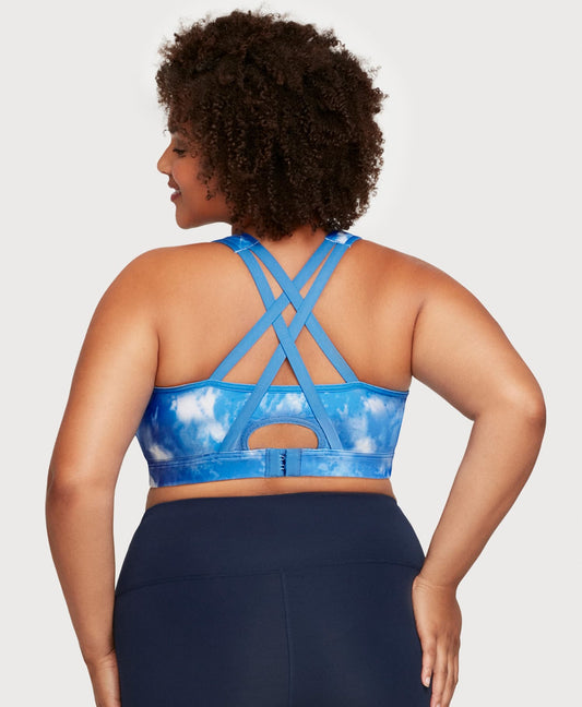 Front-Closure Zip Up Sports Bra Blue Tie-Dye
