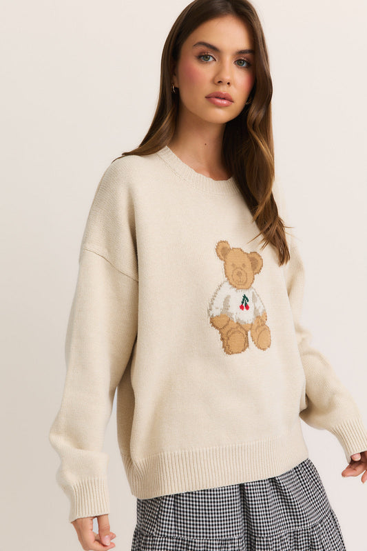 Cherry Bear Sweater- Tan