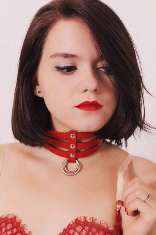 Triple Thin Stripe Ring Detailed Leather Choker