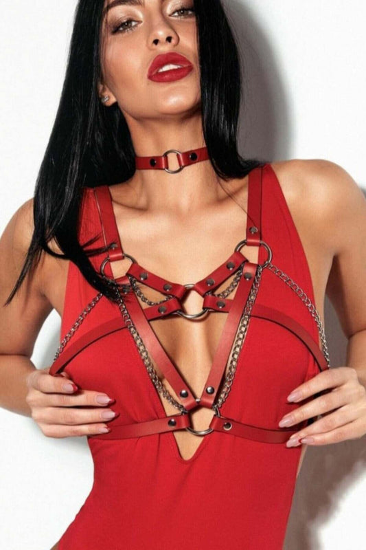 Chain Chest Detailed Thin Coker Collar Leather Harness