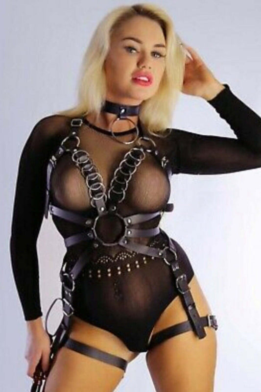 Leather Harness with Ring and Chest Detail and Leash