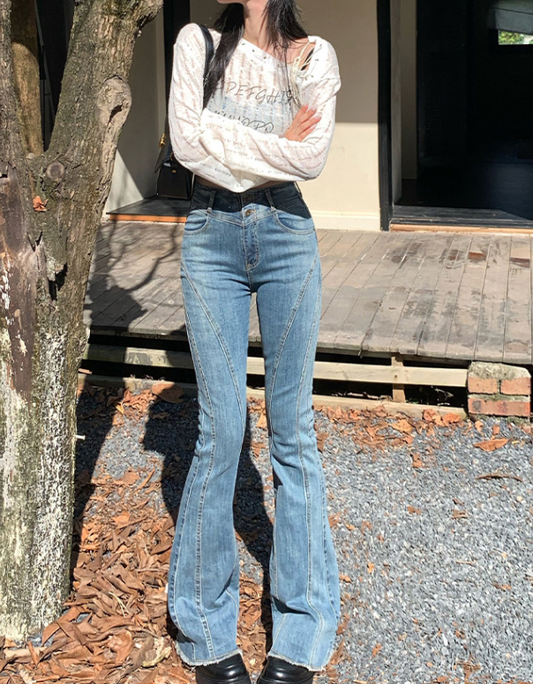 Vintage '90s Seamed Trim Mid Waist Skinny Flare Jeans - Blue