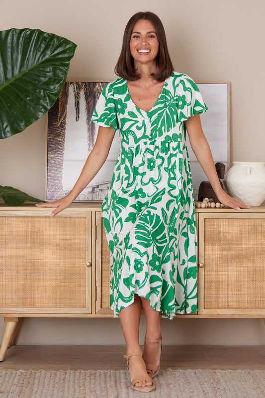 Brighton Dress - White/Green Monstera