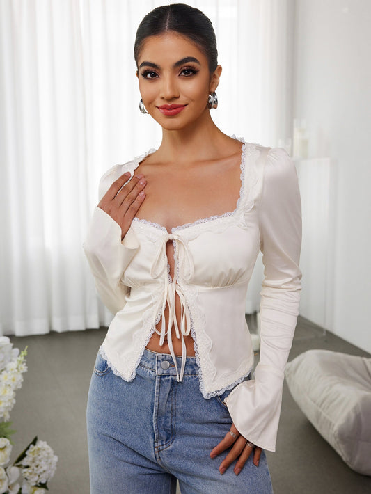 Cut Out Lace Trim Tie Front Top