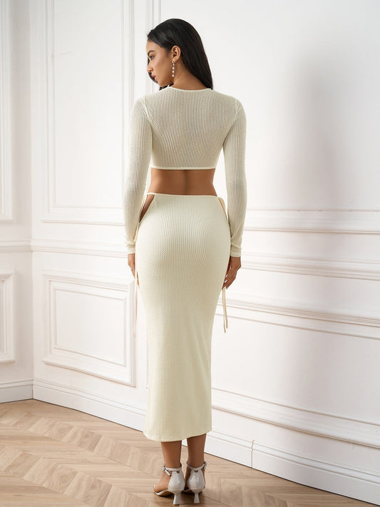 Cut Out Tie Front Crop Top&Bandage Bodycon Knitted Set