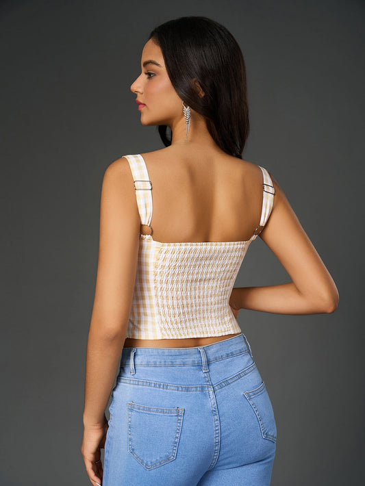 Embellished Lace Asymmetrical Hem Plaid Print Top