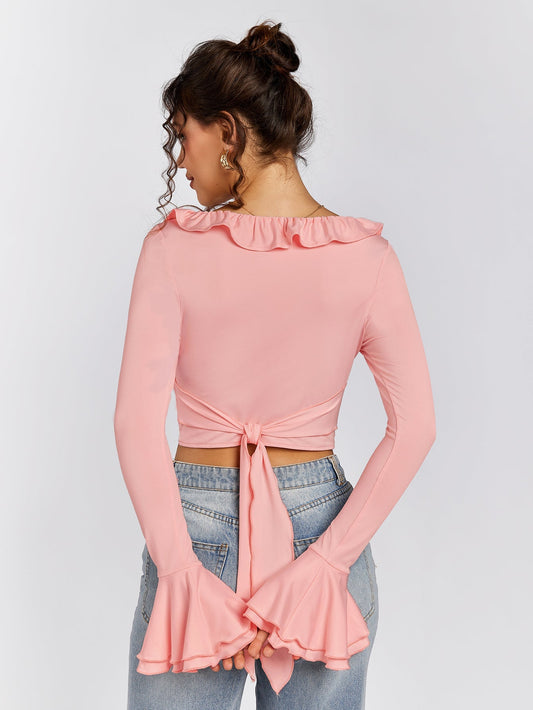 Flounce Sleeve Trim Tie Back Top