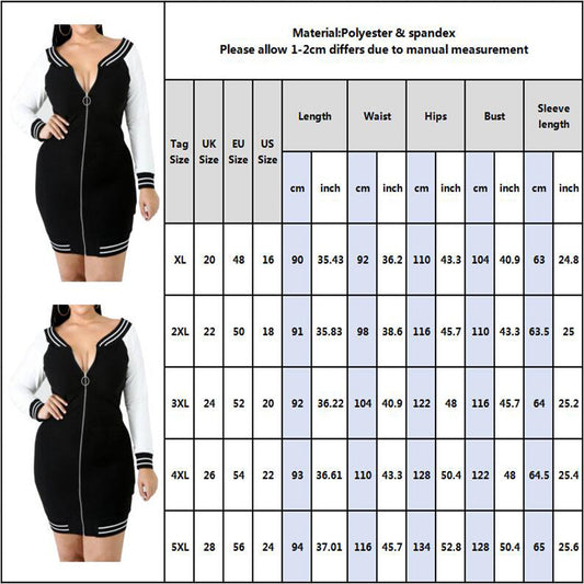 Casual V Zipper Long Sleeve Bodycon Women Plus Size Dress