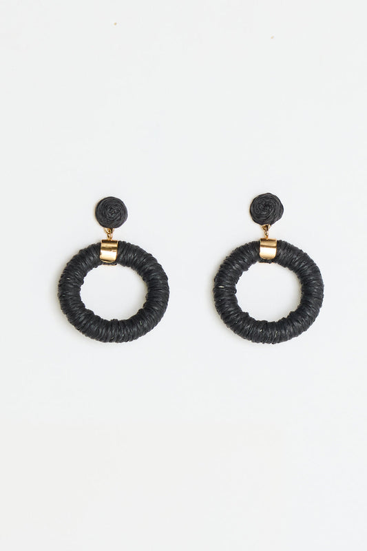 Raffia Stud Hoop Earrings - Black