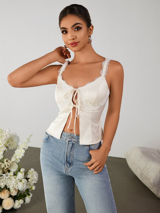 Lace Trim Cut Out Tie Front Slit Hem Top