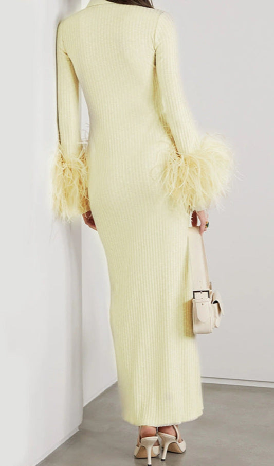 Yellow Long Sleeve Feather Maxi Dress