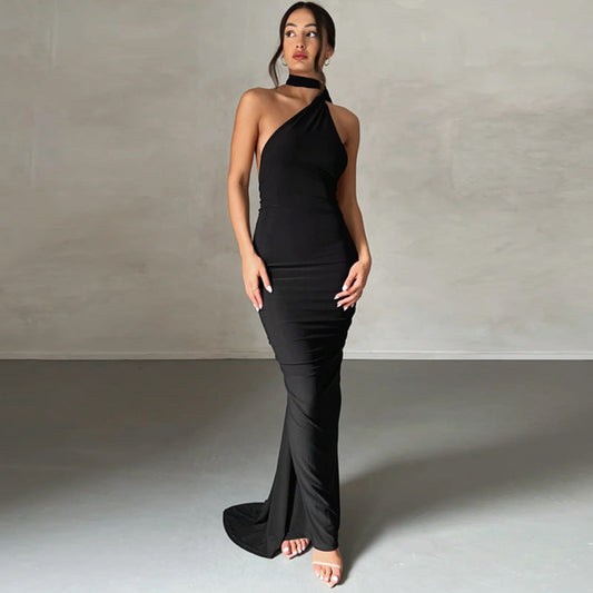Sloping Neck Midi Tight Wrap Cocktail Dress