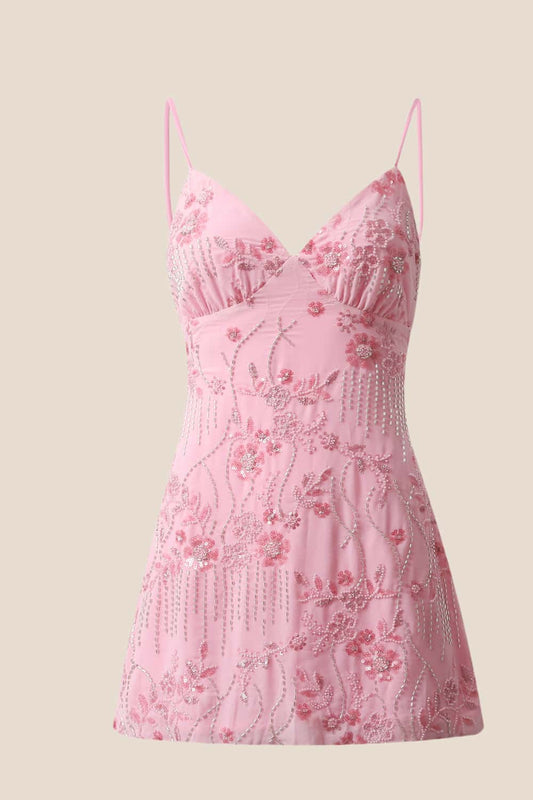 Pink Beaded Straps Fitted Mini Dress