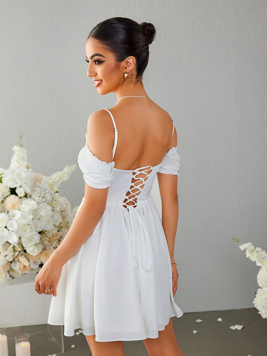 Off Shoulder Crisscross Tie Back Mini Dress
