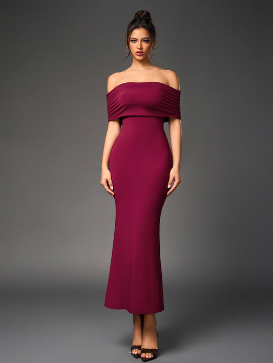 Off Shoulder Cut Out Back Ruched Bodycon Dress
