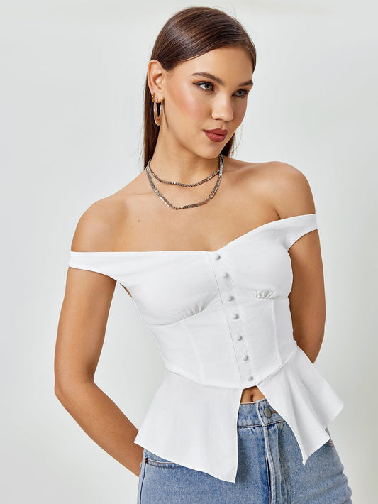 Off Shoulder Embellished Asymmetrical Hem Top