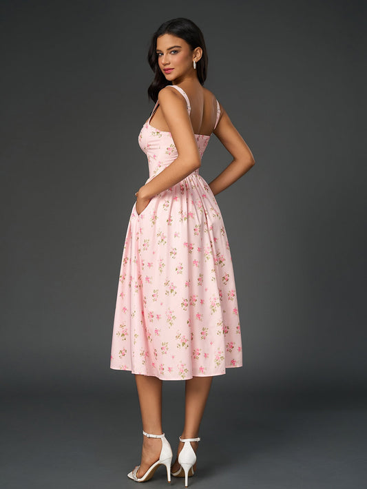 Openwork Split Thigh Pocket Floral Print Dress