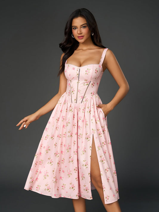 Openwork Split Thigh Pocket Floral Print Dress