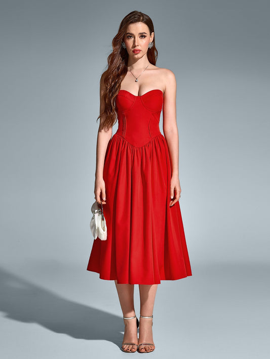 Pleat Corset Flared Hem Midi Dress