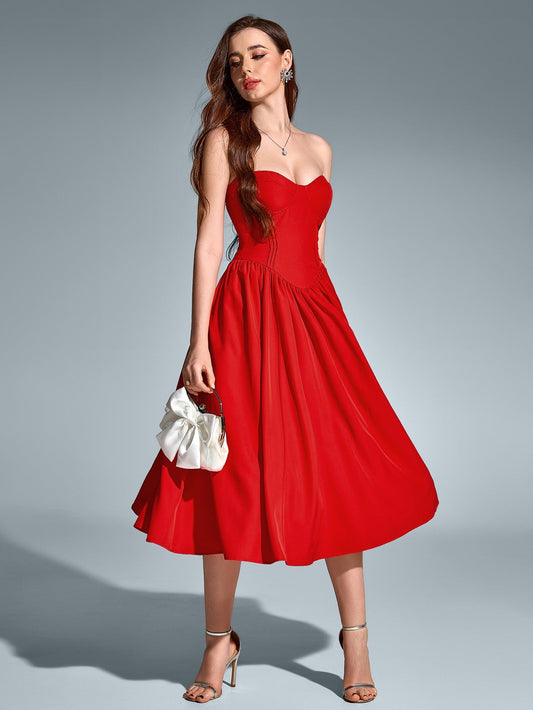 Pleat Corset Flared Hem Midi Dress