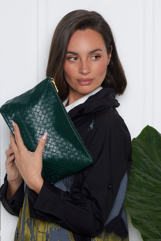 Lois Woven Bag & Clutch - Bottle Green