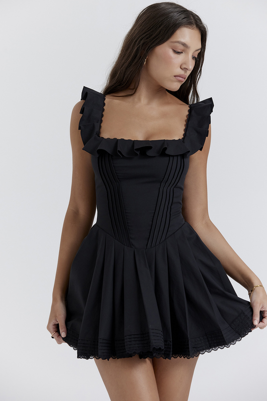 Jemima Black Pin Tuck Pleated Dress