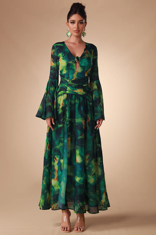 Bell Sleeve Printed Gown