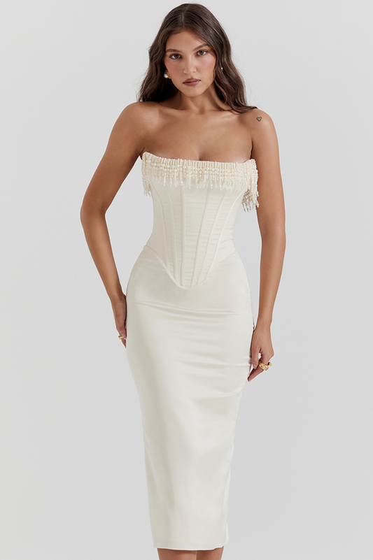 Nalita Vintage Cream Beaded Strapless Dress