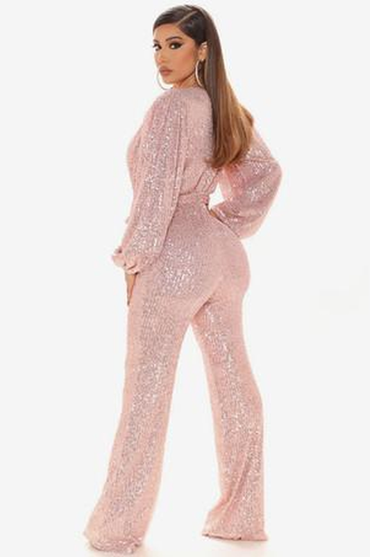 Megan Belted V-Neck Sequins Jumpsuit