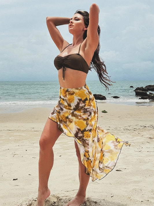 Shirring Print Swim Dress