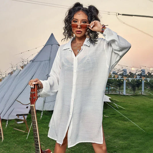 Drawstring Hollow Beach Cover-Up