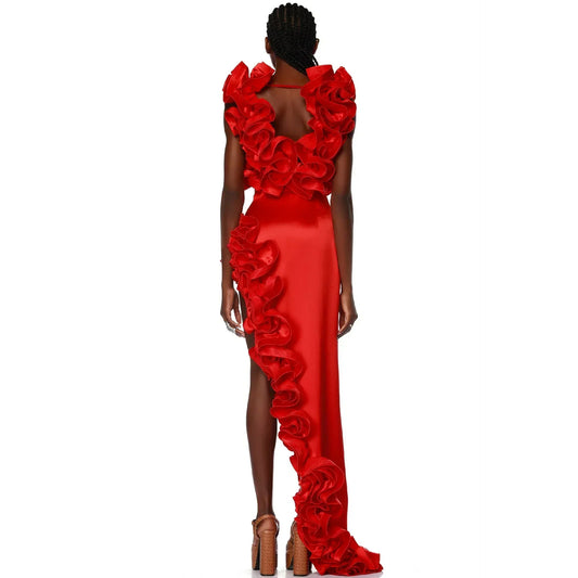Red Flower Bodysuit and side slit maxi skirt