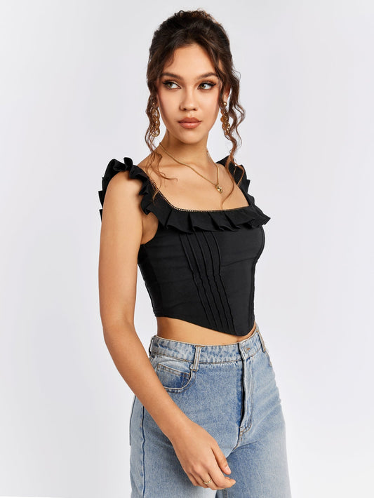 Square Neck Ruffles Asymmetrical Hem Tank Top