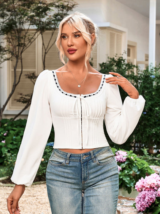 Square Neck Tie Hook And Eye Lace Contrast Top