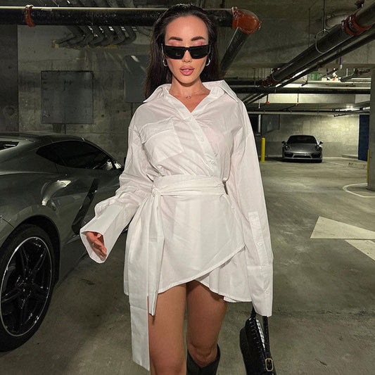 Asymmetric Collared Patch Pocket Button Up Belted Long Sleeve Shirt - White