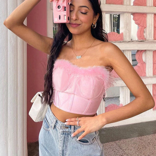 Breathtaking Faux Feather Seam Detail Strapless Crop Corset Top - Pink