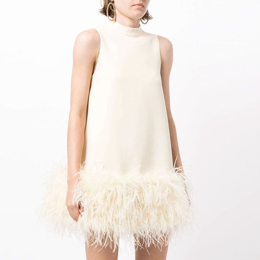 Chic Mock Neck A Line Feather Trim Sleeveless Mini Dress - White