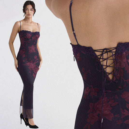 CHINATSU BURGUNDY Lace UP MAXI Dress