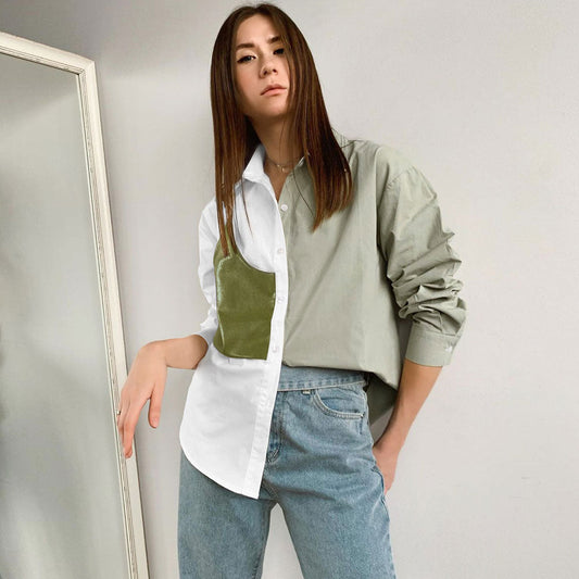 Contrast Color Faux Leather Panel Trim Long Sleeve Button Up Shirt - Green