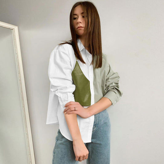 Contrast Color Faux Leather Panel Trim Long Sleeve Button Up Shirt - Green