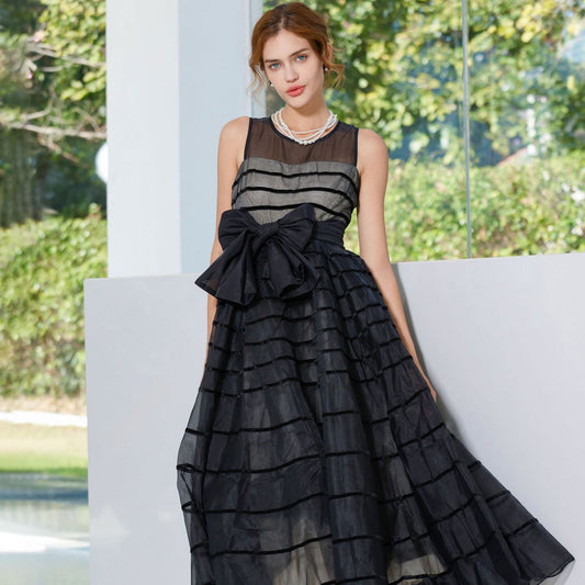 Striped Tulle Bow Dress - Black