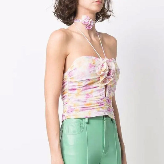 Rosette Floral Appliqué Drawstring Choker Cutout Detail Ruched Halter Crop Top - Pink