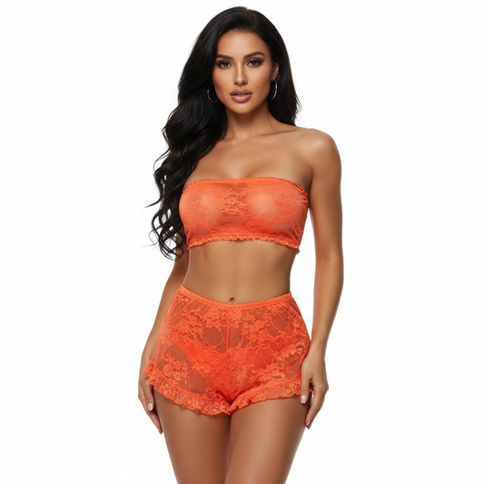Lace Mesh Print Tube See Through Sleeveless Lingerie Set