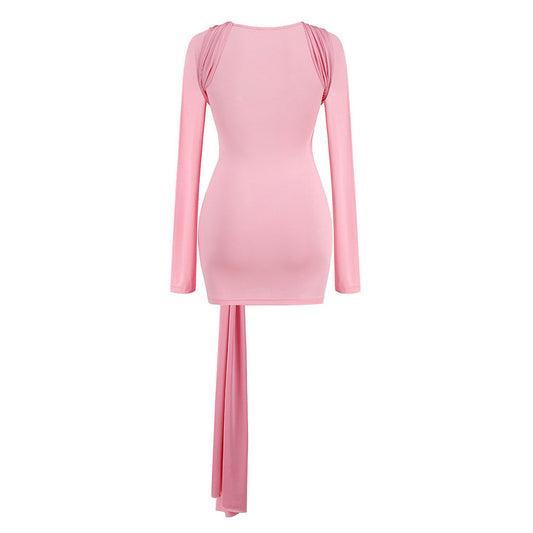 Funky Crew Neck Long Sleeve O Ring Draped Ruched Bodycon Party Mini Dress