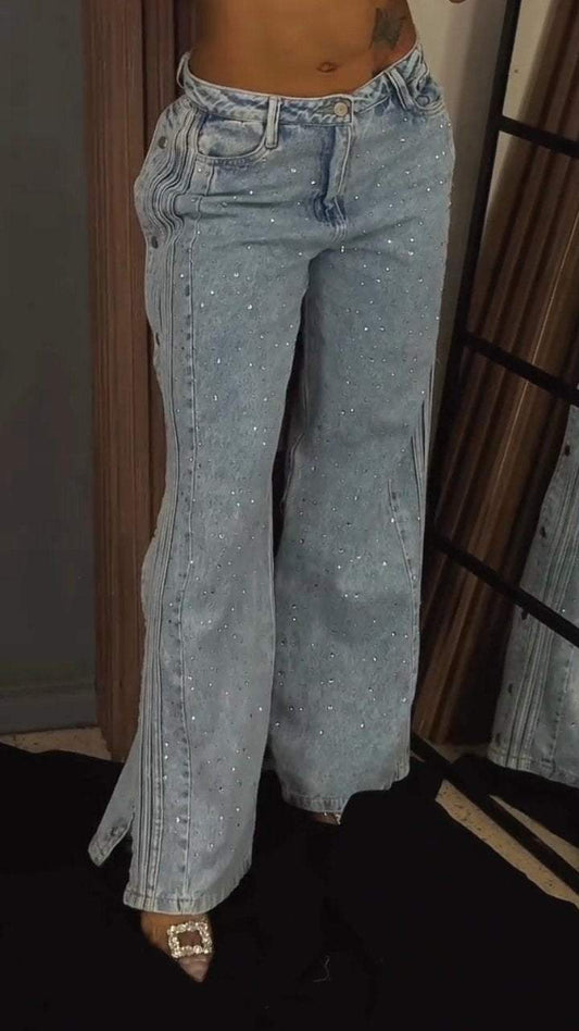 Starlit Side-Slit Denim – Rhinestone Glow Edition