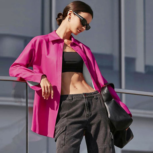 Minimalist Faux Leather Button Up Long Sleeve Pointed Collar Shirt - Hot Pink