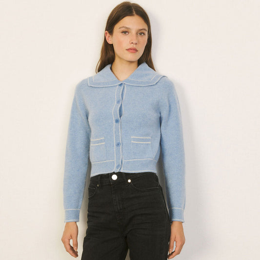 Oversized Collar Long Sleeve Cashmere Blend Crop Cardigan - Dusty Blue