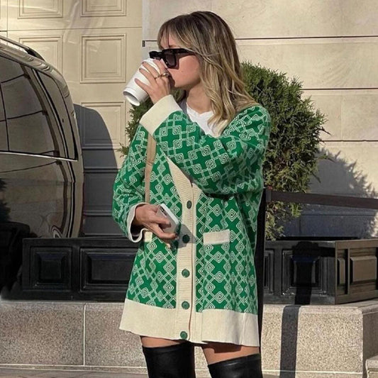 Oversized Plaid Print V Neck Button Up Long Sleeve Ribbed Cardigan - Green