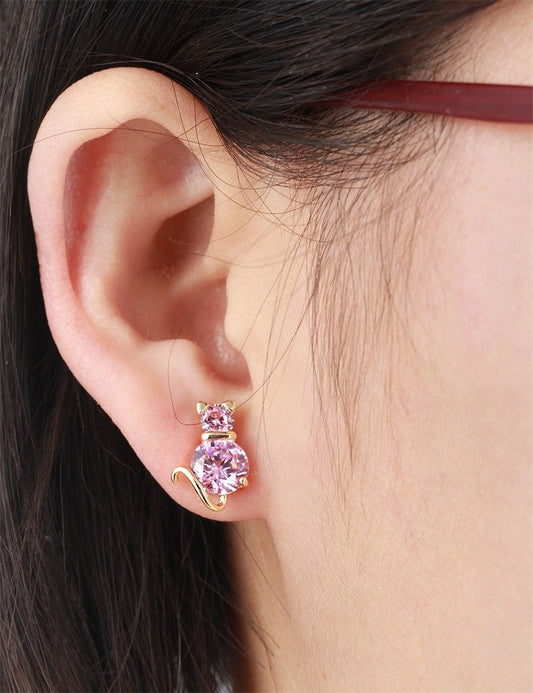 Trendy Gold Color Cute Cat Clear Zircon Stud Earrings