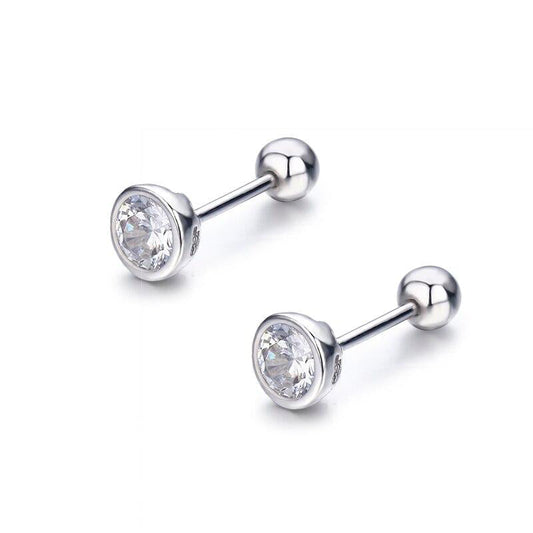 Cute Small Round 925 CZ Sterling Silver Half Ball Screw Woman Stud Earrings